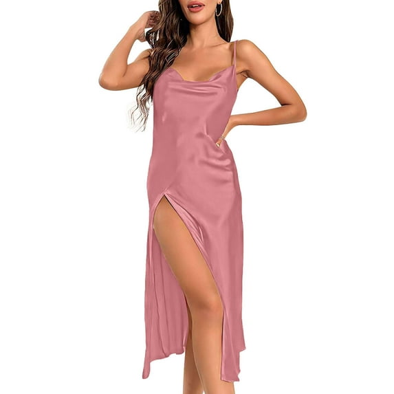 Deago Womens Satin Nightgown Sexy Lingerie Sleepwear Spaghetti Strap Cowl Neck Split Long Slip Satin Silk Midi Dress (Pink, L)