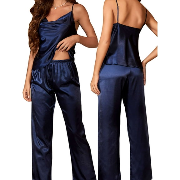 Deago Womens Satin Silk Pajamas Set Sleeveless Soft Camisole Tops and Pants Sleepwear 2 Piece Pjs Set S-XL
