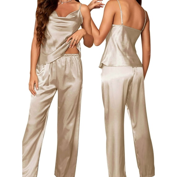 Deago Womens Satin Silk Pajamas Set Sleeveless Soft Camisole Tops and Pants Sleepwear 2 Piece Pjs Set S-XL