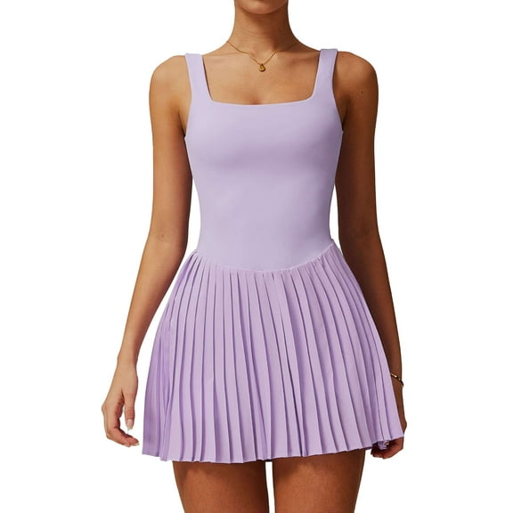 Deago Womens Square Neck Tennis Dress Pleated Sleeveless Built in Shorts Golf Athletic Dress with Pocket (Purple, S)