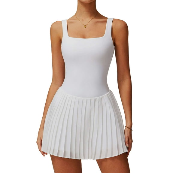 Deago Womens Square Neck Tennis Dress Pleated Sleeveless Built in Shorts Golf Athletic Dress with Pocket (White, S)