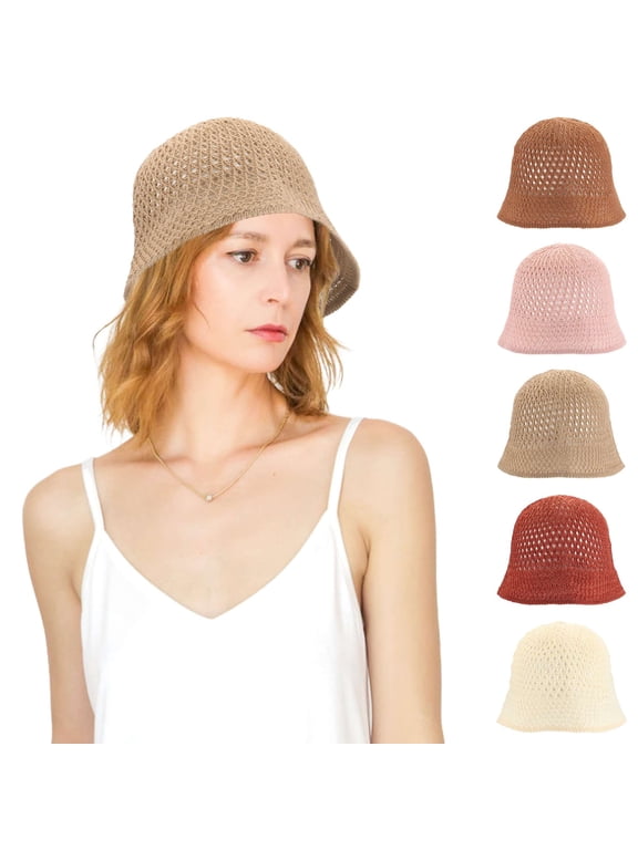 Women Cotton Bucket Hat Handmade Crochet Knit Foldable Summer Beach Sun Hat Fashion Cute Fishing Hat (Khaki)