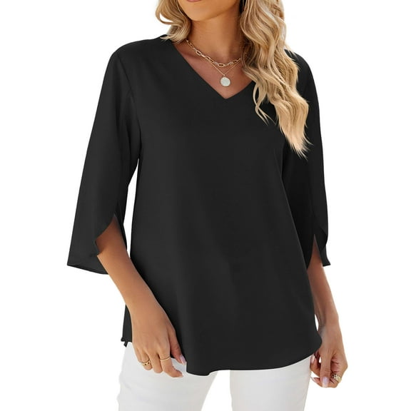 Deago Womens Summer 3/4 Sleeve Tunic Tops Chiffon Work Blouse V-Neck Dressy Casual Shirt (Black, M)