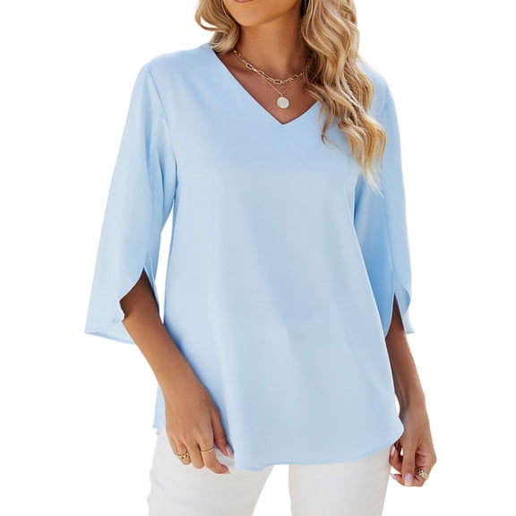 Deago Womens Summer 3/4 Sleeve Tunic Tops Chiffon Work Blouse V-Neck Dressy Casual Shirt (Blue, M)