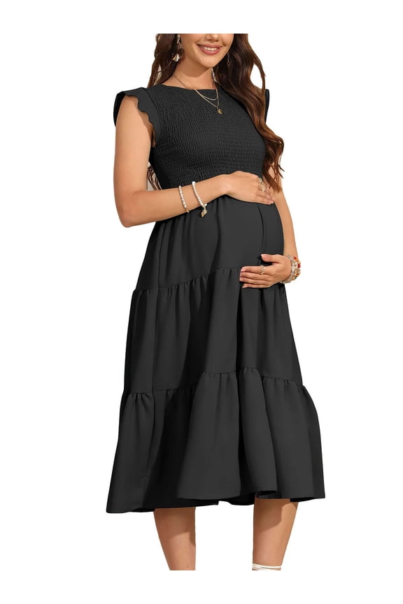 Womens Summer Maternity Dress for Photoshoot Baby Shower Casual Ruffle Sleeve Boho Maxi Smocked Pregnancy Dresses (Black, M)
