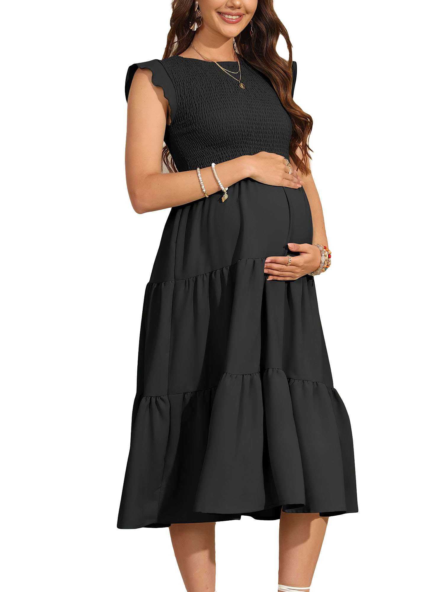 Deago Womens Summer Maternity Dress for Photoshoot Baby Shower Casual Ruffle Sleeve Boho Maxi Smocked Pregnancy Dresses (Black, XL) Deago Womens Summer Maternity Dress for Photoshoot Baby Shower Casual Ruffle Sleeve Boho Maxi Smocked Pregnancy Dresses (Black, XL)