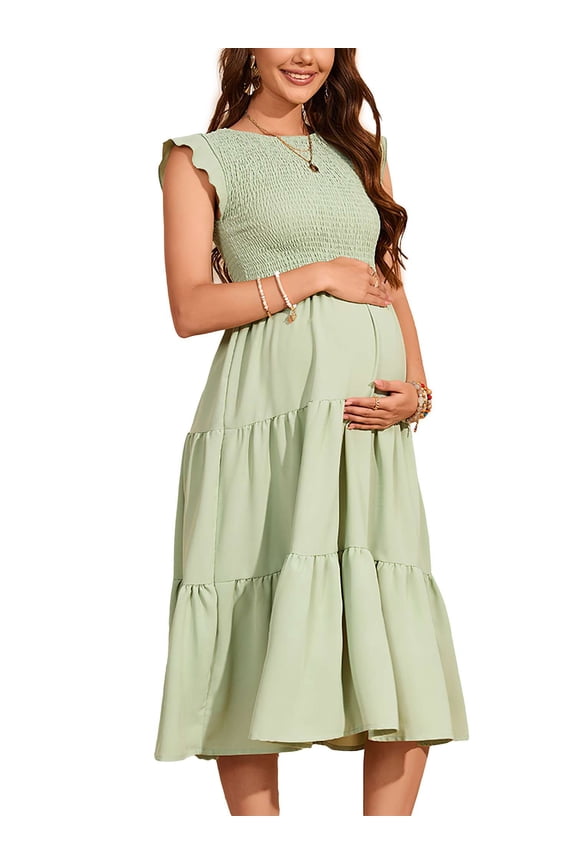 Womens Summer Maternity Dress for Photoshoot Baby Shower Casual Ruffle Sleeve Boho Maxi Smocked Pregnancy Dresses (Green, M)