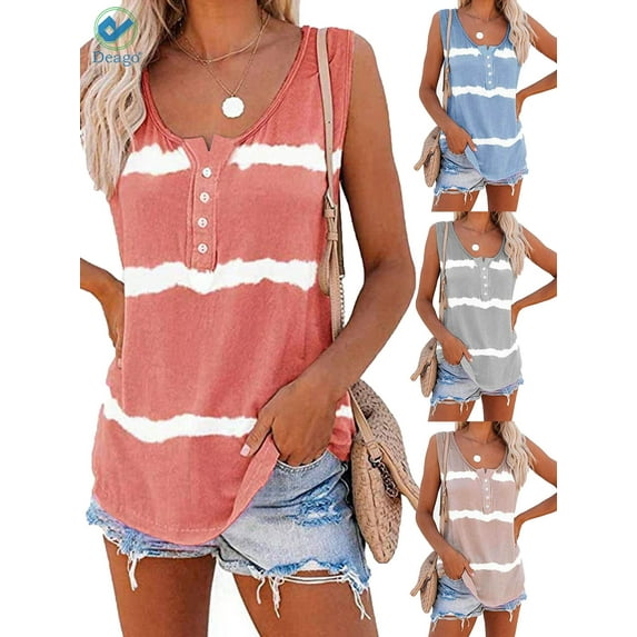 Deago Womens Tie Dye Sleeveless Tank Tops Summer Loose T Shirts Button Down Shirts Vest Blouse Plus Size (Orange, L)