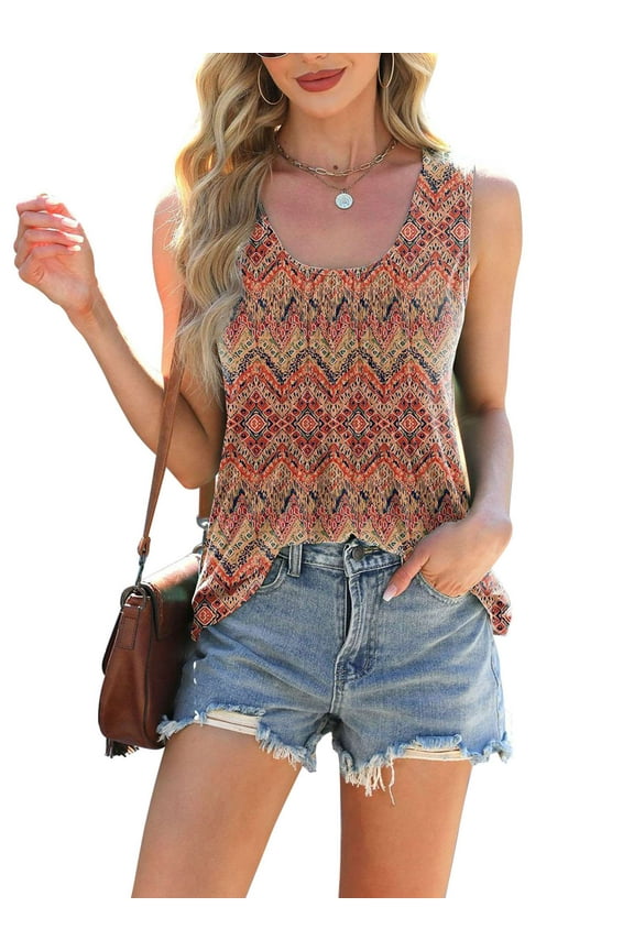 Womens Tie Dye Summer Tank Tops Sleeveless Crew Neck T Shirt Pleated Front Flowy Casual Loose Fit Tunic Blouses