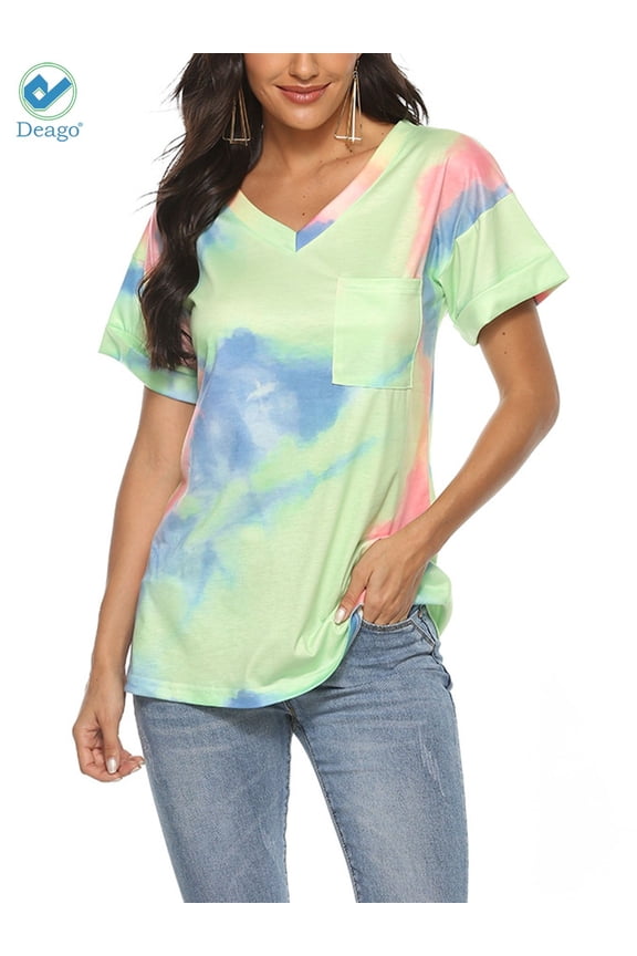 Womens Tie Dye V Neck Short Sleeve T-Shirts Loose Fit Comfy Tees Casual Summer Tops Shirts with Pocket (Light Green, L)