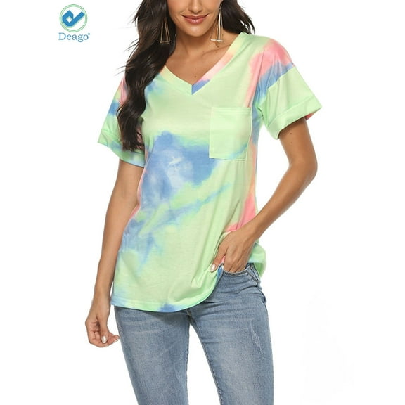 Deago Womens Tie Dye V Neck Short Sleeve T-Shirts Loose Fit Comfy Tees Casual Summer Tops Shirts with Pocket (Light Green, S)