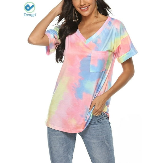Deago Womens Tie Dye V Neck Short Sleeve T-Shirts Loose Fit Comfy Tees Casual Summer Tops Shirts with Pocket (Pink, S)