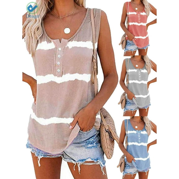 Deago Womens Tie-dye Sleeveless Tank Tops Summer Loose T Shirts Button Down Shirts Vest Blouse Plus Size (Khaki, L)