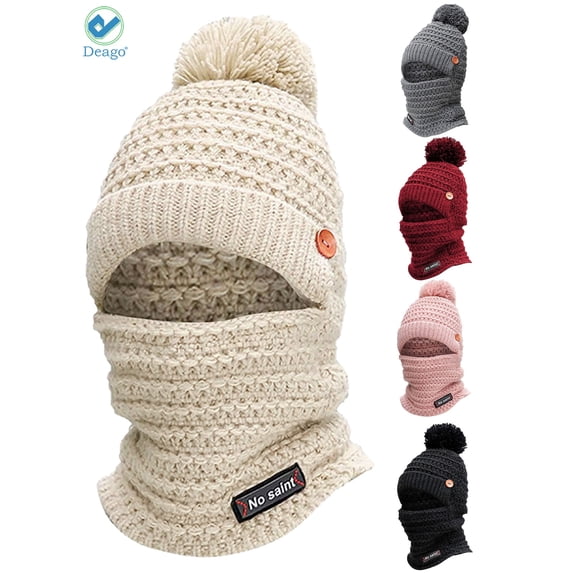 Deago Womens Winter Knitted Balaclava Pompom Beanie Hat Scarf Set Fleece Lined Thick Warm Skull Cap Cycling Ski Mask (Beige)