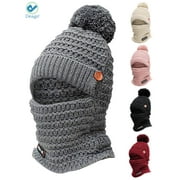 Deago Womens Winter Knitted Balaclava Pompom Beanie Hat Scarf Set Fleece Lined Thick Warm Skull Cap Cycling Ski Mask (Gray)