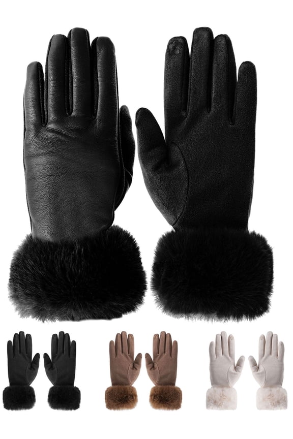 Womens Winter Leather Suede Gloves with Fur Cuffs Thermal Touchscreen Texting Warm Driving Gloves (Black)