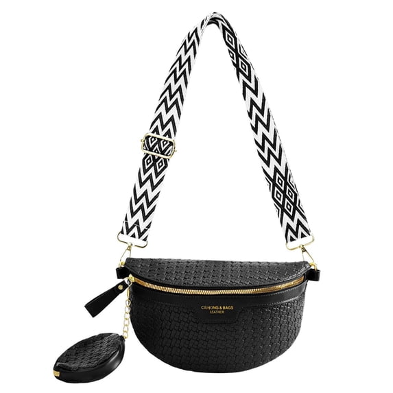 Deago Woven Crossbody Bag Bum Bags for Women Leather Spacious Belt Sling Purse Fanny Packs Chest Shoulder Bag (Black)