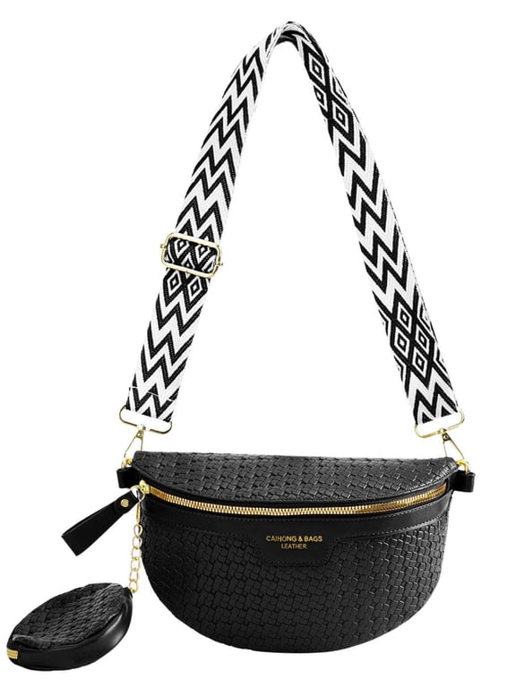 Woven Crossbody Bag Bum Bags for Women Leather Spacious Belt Sling Purse Fanny Packs Chest Shoulder Bag (Black)