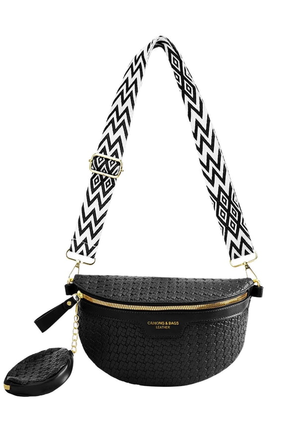 Woven Crossbody Bag Bum Bags for Women Leather Spacious Belt Sling Purse Fanny Packs Chest Shoulder Bag (Black)