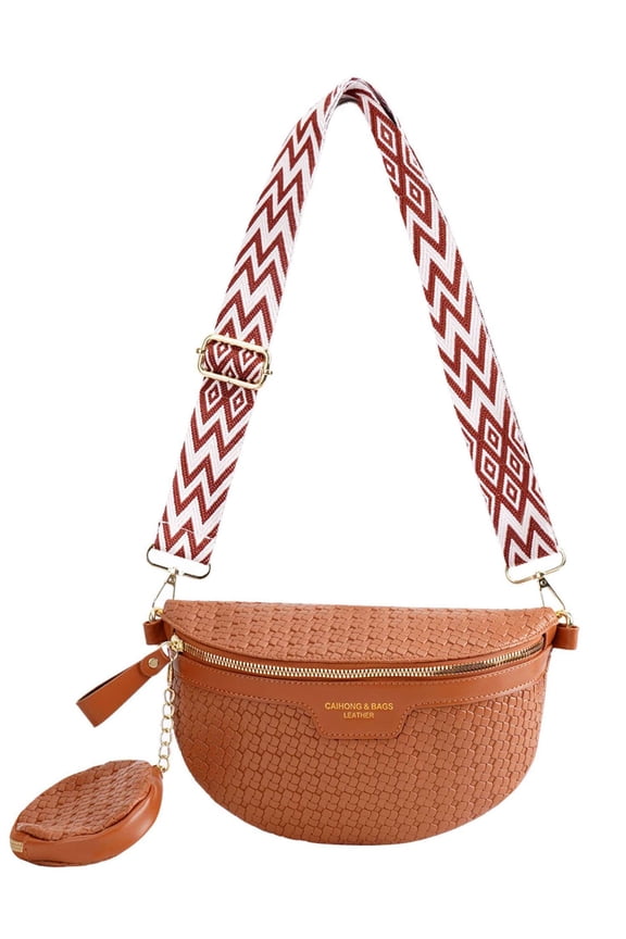 Woven Crossbody Bag Bum Bags for Women Leather Spacious Belt Sling Purse Fanny Packs Chest Shoulder Bag (Coffee)