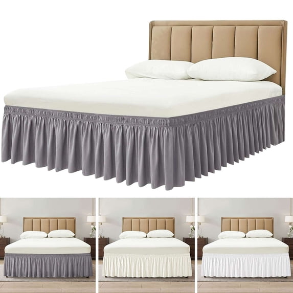 Deago Wrap Around Bed Skirt Three Fabric Sides Elastic Dust Ruffled 16 Inch Tailored Drop,Easy to Install Fade Resistant-Gray, King