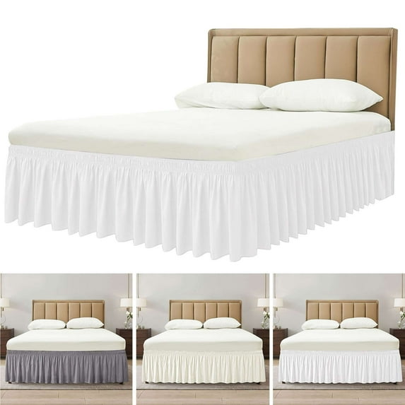 Deago Wrap Around Bed Skirt Three Fabric Sides Elastic Dust Ruffled 16 Inch Tailored Drop,Easy to Install Fade Resistant-White, Queen