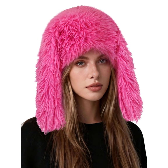 Deago Y2K Fuzzy Bunny Hat for Women Cute Furry Beanie with Ears Long Rabbit Ears Hat for Festival, Easter, Party (Pink-2)