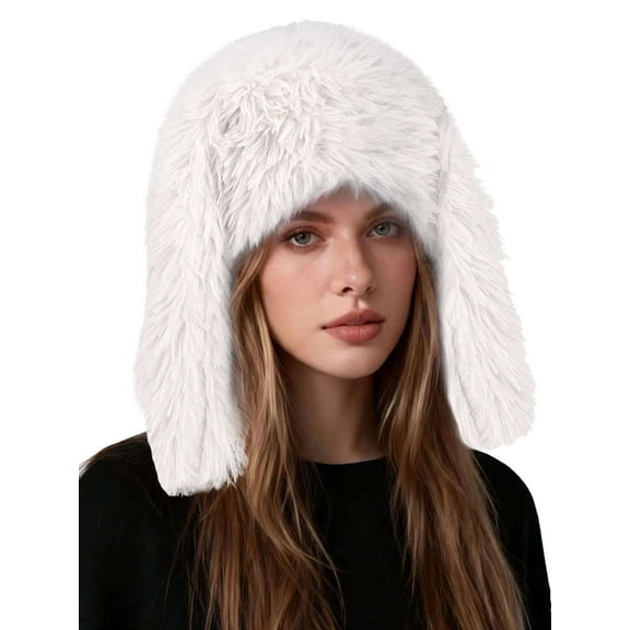 Deago Y2K Fuzzy Bunny Hat for Women Cute Furry Beanie with Ears Long Rabbit Ears Hat for Festival, Easter, Party (White-2)