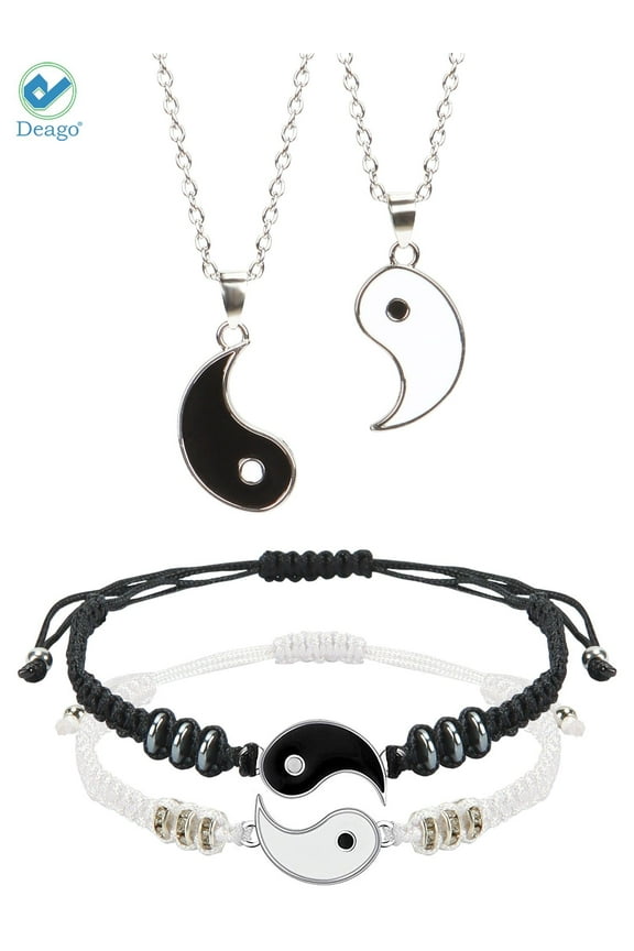 Yin Yang Friend or Couple Bracelet with Necklace Set, 2 Matching Yin Yang Adjustable Cord Bracelet Pendant Necklace Chain for Friendship Boyfriend Girlfriend Valentines Gift