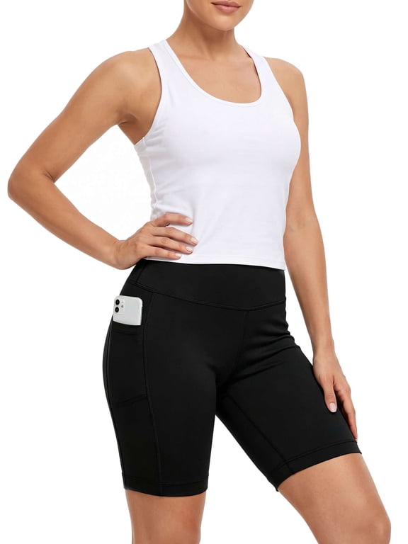 Yoga Shorts for Women High Waist Workout Shorts Tummy Control Running Biker Shorts with Side Pockets (Black, M)