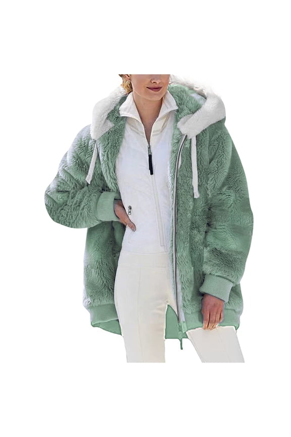 Deal Black And Friday Winter Coats for Women Warm Fuzzy Fleece Jacket Plus Size Plush Cardigan Zipper Comfy Sherpa Hooded Coat with Pocket Gifts Christmas Gift