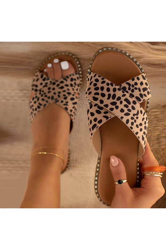 Deal of The Day! Pitauce Womens Studded Flat Sandals Open Toe Slip On Mule Slides Crossed Strap Slipper Comfortable Ladies Shoes Slip Light Weight Slide Sandals