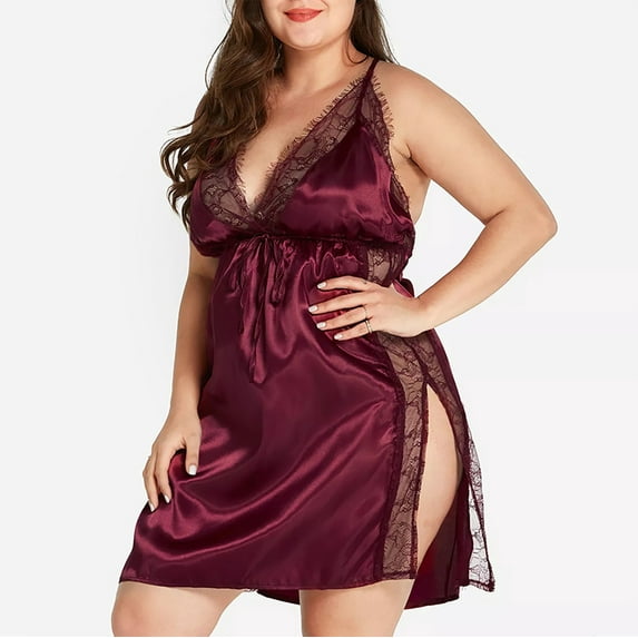 Deal of the Day Xysaqa Women Plus Size Satin Lace Chemise Nightgown Ladies Sexy Nightwear V Neck Spaghetti Strap Full Slip Sleepwear Side Slit Mini Sleep Dress Wine XL