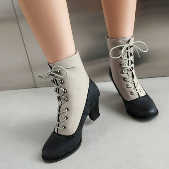 Boot for Women Women Fashionable And Casual Versatile And Winter Color Blocked Lace Up Short Boots Boots Ladies' Mid Heel And Ankle Boots Black 39