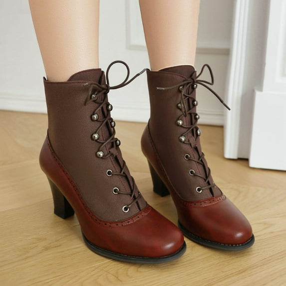 Boot for Women Women Fashionable And Casual Versatile And Winter Color Blocked Lace Up Short Boots Boots Ladies' Mid Heel And Ankle Boots Red 37