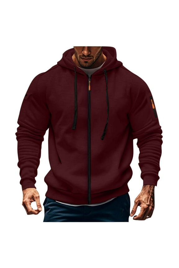 Hoodies for Men Mens Hoodie Men Solid-Color Fashionable Pocket Zipper Drawstring Casual Sports Long Sleeve Cardigan Hooded Sweatshirt,Wine,M