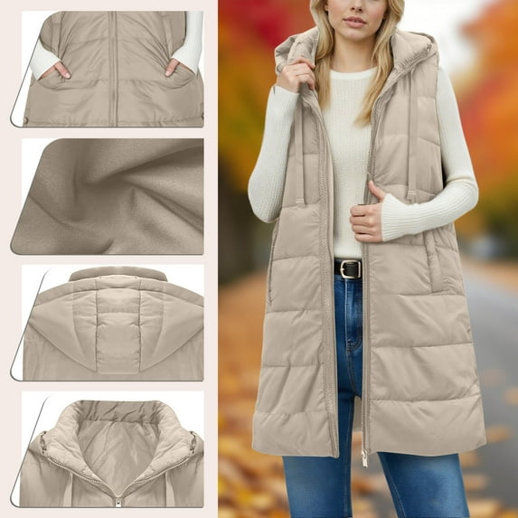 Deal of The Week Hoodies for Women Winter Fleece Sweatshirt - Full Zip Up Women's Casual Winter Long Puffer Stand Collar Sleeveless Puffy Jackets Coat With Pockets Beige XL