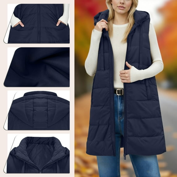 Deal of The Week Hoodies for Women Winter Fleece Sweatshirt - Full Zip Up Women's Casual Winter Long Puffer Stand Collar Sleeveless Puffy Jackets Coat With Pockets Navy L