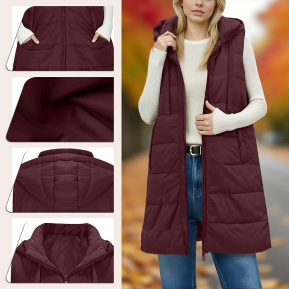 Deal of The Week Hoodies for Women Winter Fleece Sweatshirt - Full Zip Up Women's Casual Winter Long Puffer Stand Collar Sleeveless Puffy Jackets Coat With Pockets Wine M