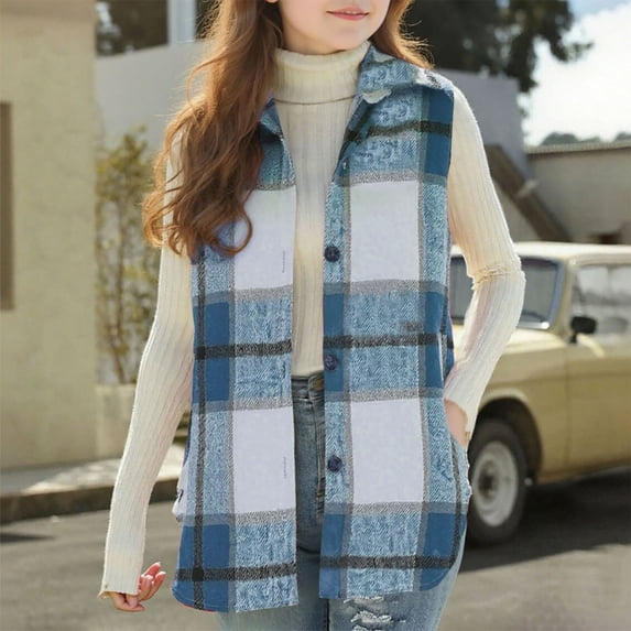 Deal of The Week Kids Puffer Vest Children's Button Down Plaid Sleeveless Shirts Casual Long Sleeve Preppy School Collar Top Fall Fashion Color Block Hooded Shirt Jackets For Kids Blue 8-9Years