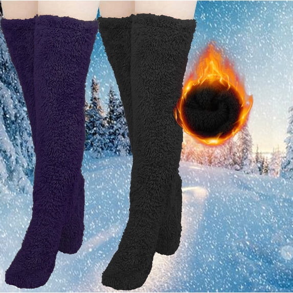 Deal of the Week Ofreoo Women's 2 Pairs High Fuzzy Socks Over Knee Winter Leg Warmers Plush Slipper Socks For Women Christmas Home Sleeping Socks for Women