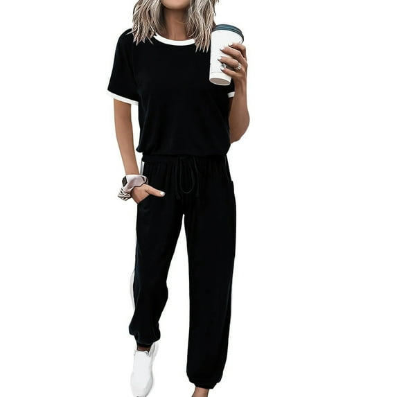 Deal of The Week Oversized Tshirts for Women Women's 2 Piece Outfits Matching Knit Sweater Sets Pullover Tops and High Waisted Pants Tracksuit Sweatsuit Ndbuld Black L