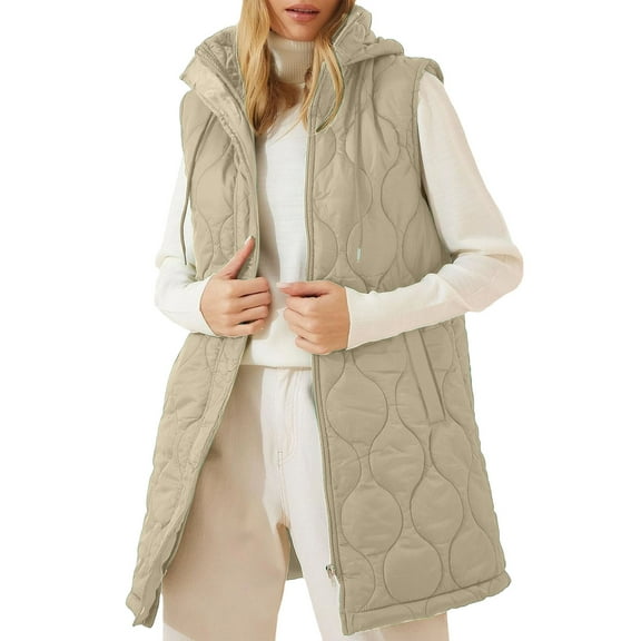 Deal of The Week Women Winter Oversized Puffer Vest Women Sleeveless Hooded Puffer Jacket Lightweight Quilted Jackets Winter Warm Zip Up Coat Long Puffer Outerwear Beige L