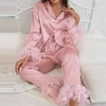 thumbnail image 1 of Deal of The Week Womens Fuzzy Fleece Pajama Sets Long Sleeve Jogger Sets Women's Satins Silk Feather Detachable Nightwear Tops Long Blouse Trousers Two-Piece Pajamas Sets,Pink,XL, 1 of 9