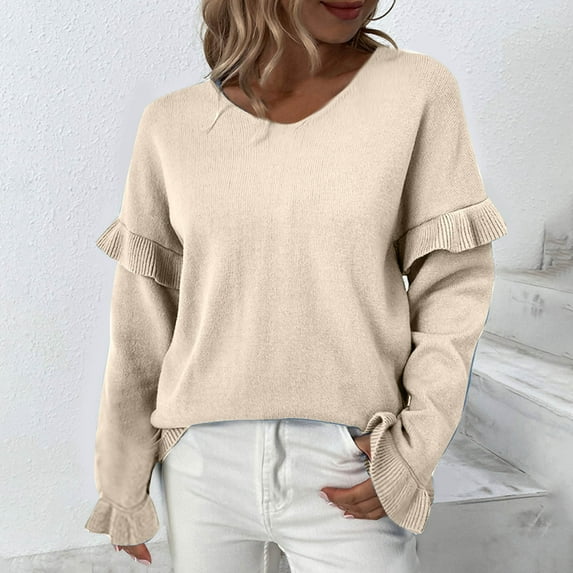 Deal for Days Holiday Decor Ofreoo Fashion Women's Casual Long Sleeve V-Neck SolidAcrylic Blouse Sweater Womens Fall Tops