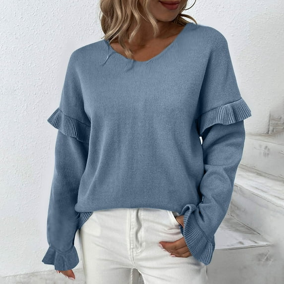 Deal for Days Holiday Decor Ofreoo Fashion Women's Casual Long Sleeve V-Neck SolidAcrylic Blouse Sweater Womens Fall Tops