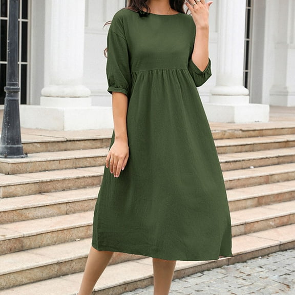 Deal for Days Holiday Decor Ofreoo Women's Fashion Mid-sleeve Round Neck Solid Color And Linen Pockets Dresses Fall Dresses for Women 2024
