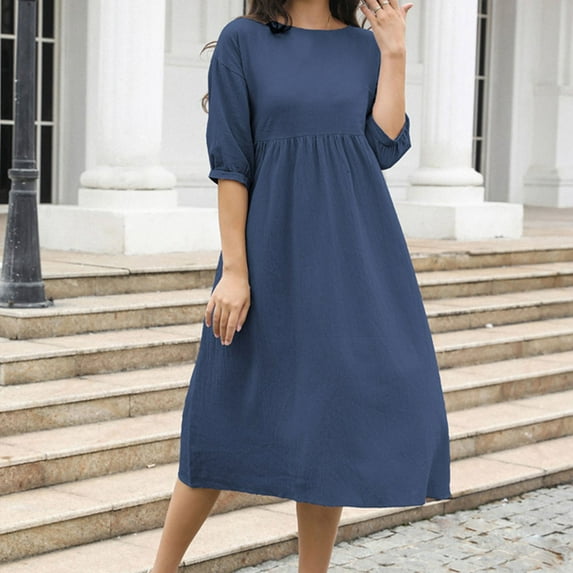 Deal for Days Holiday Decor Ofreoo Women's Fashion Mid-sleeve Round Neck Solid Color And Linen Pockets Dresses Fall Dresses for Women 2024