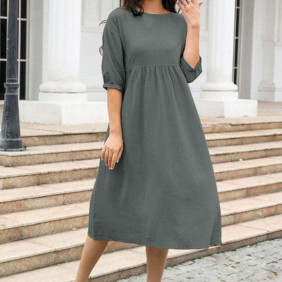 Deal for Days Holiday Decor Ofreoo Women's Fashion Mid-sleeve Round Neck Solid Color And Linen Pockets Dresses Fall Dresses for Women 2024