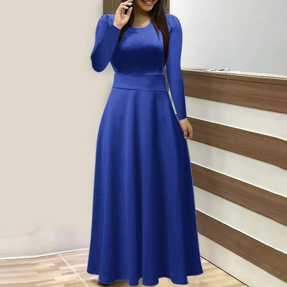 Deal for Days Holiday Decor Ofreoo Women's Solid Colorful Long Dress Long Sleeve Round-Neck Long Dresses Womens Fall Fashion 2024